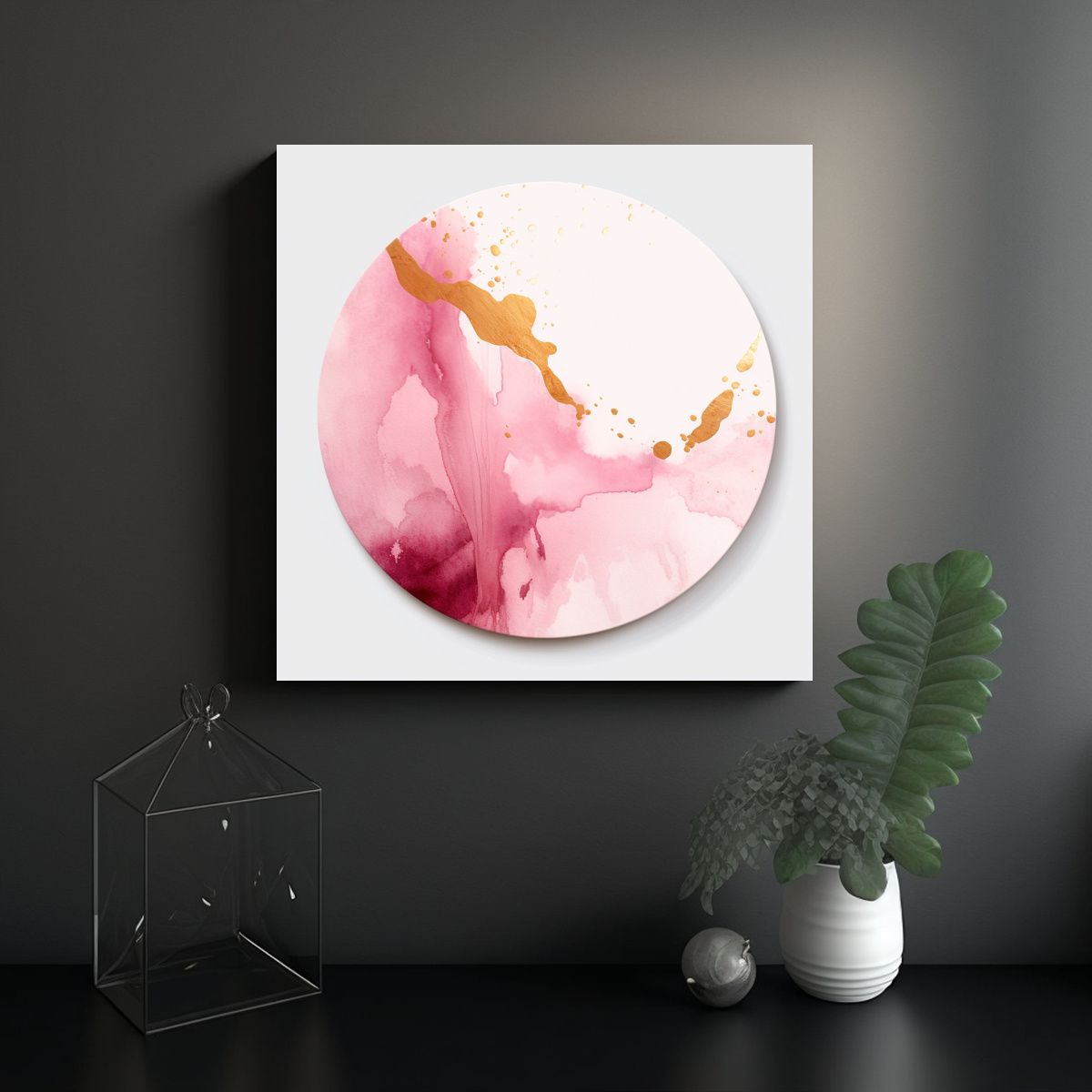 GENERICO - Cuadro Rosa Agua Círculo Acuarela Dorado 50x50 Cm