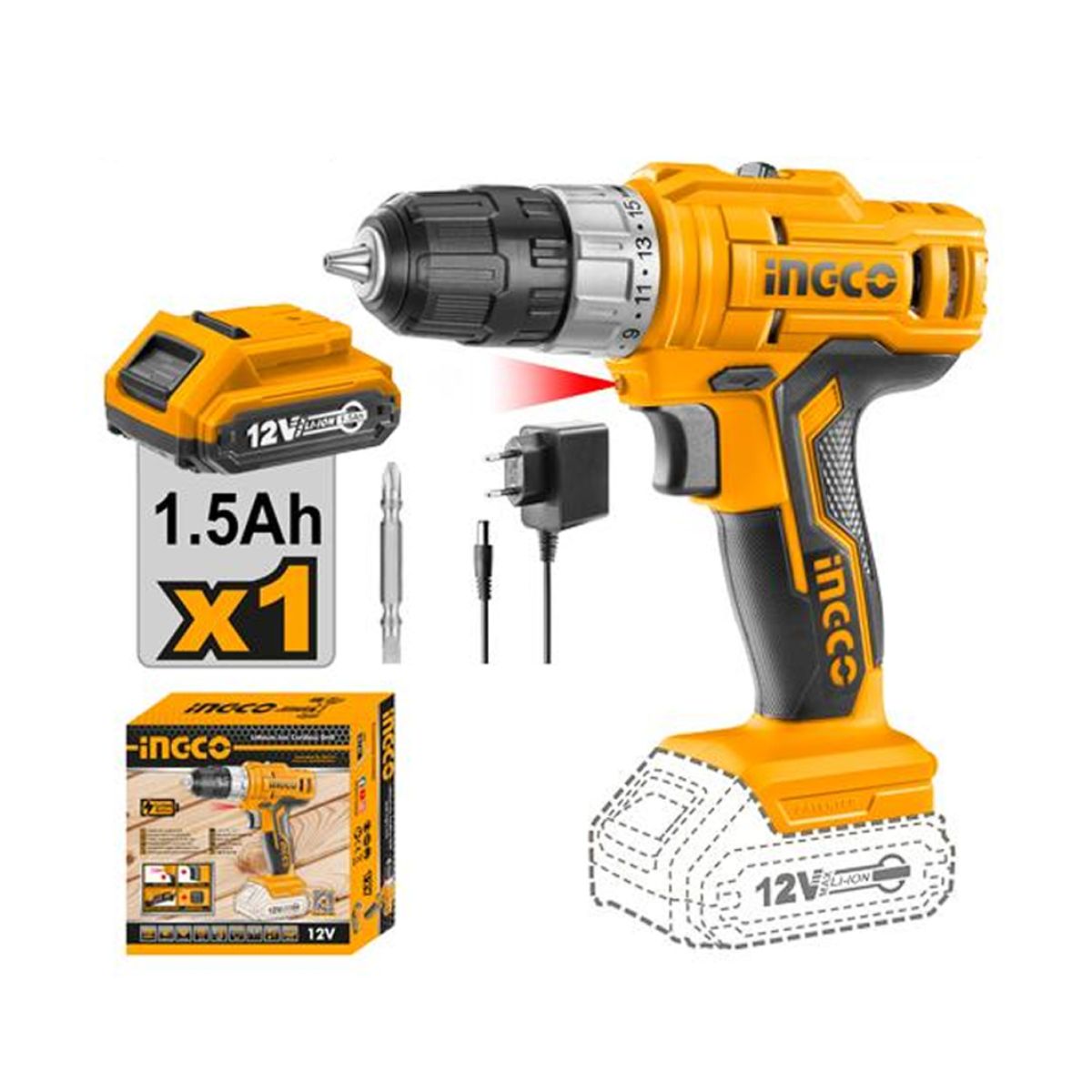 INGCO - Taladro Atornillador Inalambrico 12V - C/1 Bat..Y 1 Cargador