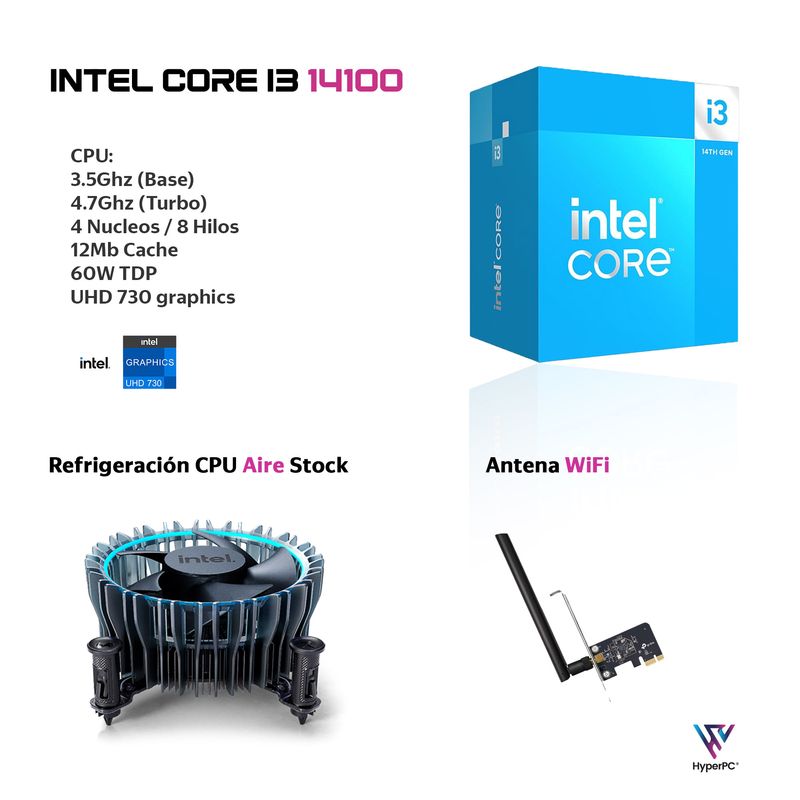HYPERPC - PC oficina mini: INTEL CORE i3 14100 8gb DDR5 500Gb UHD 730 WiFi