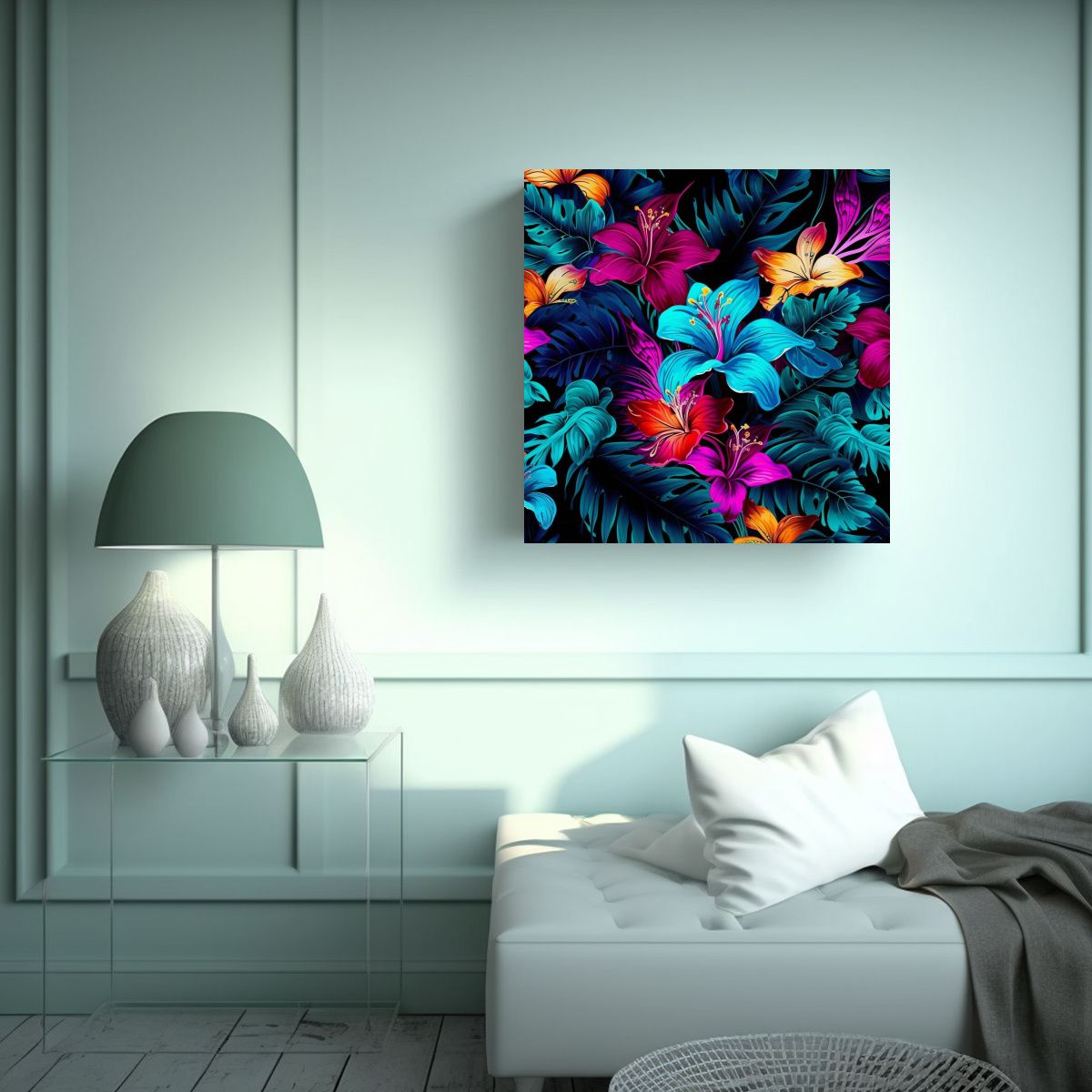 GENERICO - Cuadro Decorativo Flores Tropicales En Fondo 90x90 Cm