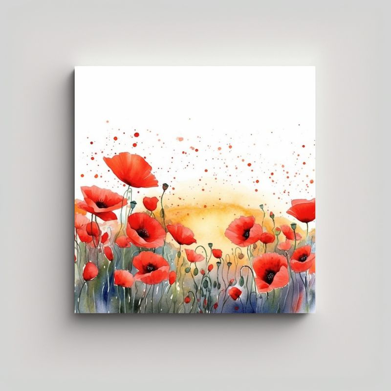 GENERICO - Campo De Amapolas Acuarela Ilustración Lienzo 60x60 Cm