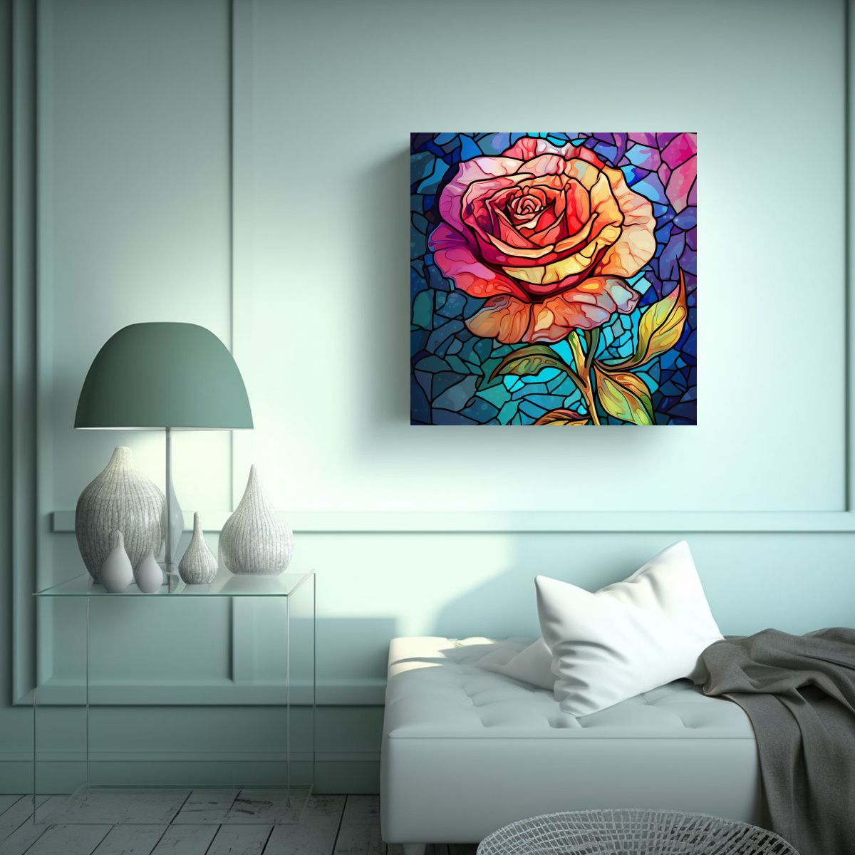 GENERICO - Diseño Mágico Surrealista De Rosa Vidriera En 50x50 Cm