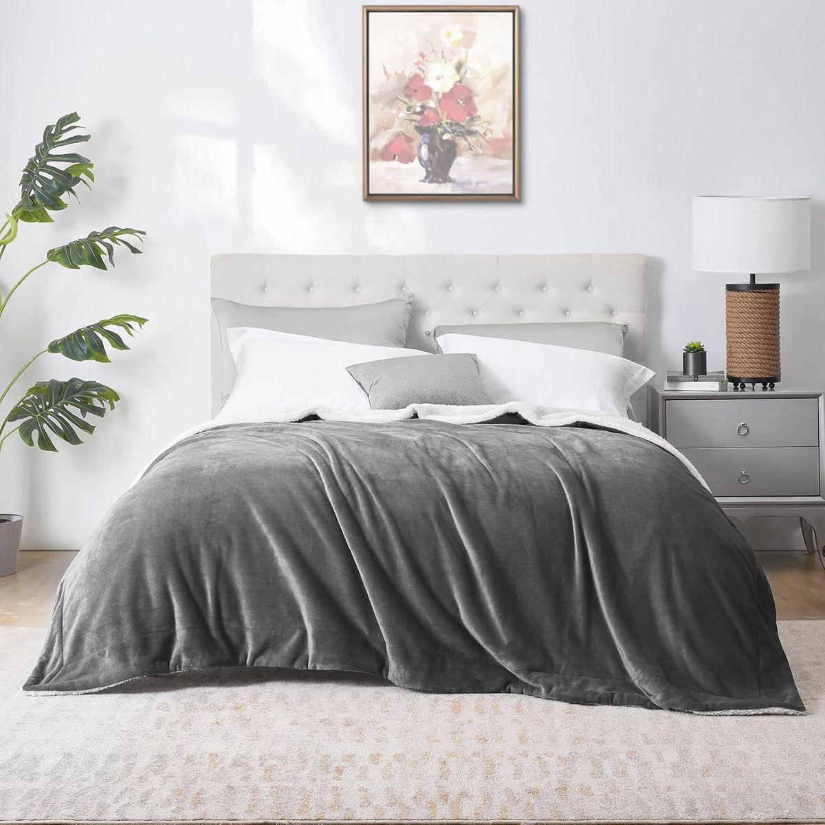 GENERICO - Frazada Polar Plush Térmica Con Chiporro Sherpa 2plz Suave GrisClaro