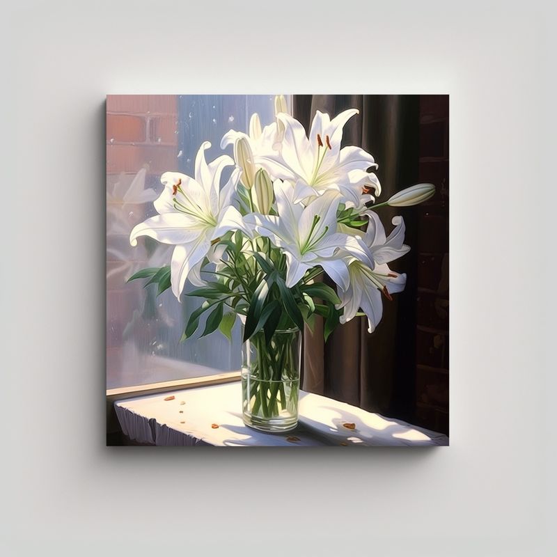 GENERICO - Cuadro Decorativo Lirios Blancos En Jarrón Con 80x80 Cm