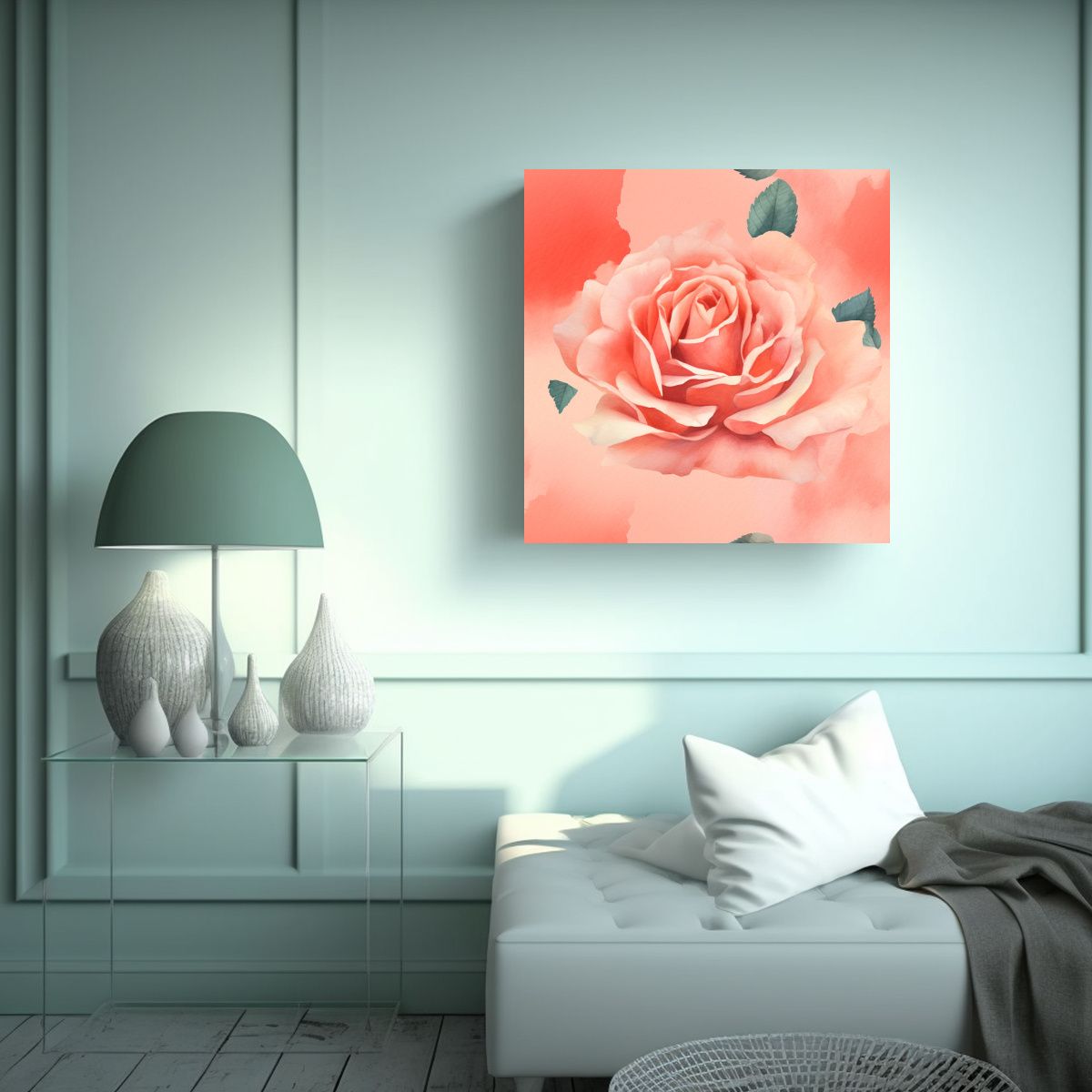 GENERICO - Rosa Coral Acuarela Fondo Rosa Cuadro Decorativo 70x70 Cm