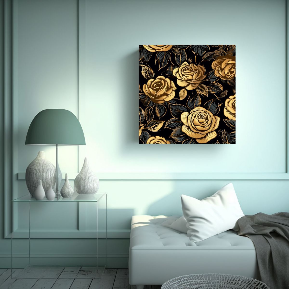 GENERICO - Arte Pared C688 Oro Negro Rosas Patrón Armónico 90x90 Cm