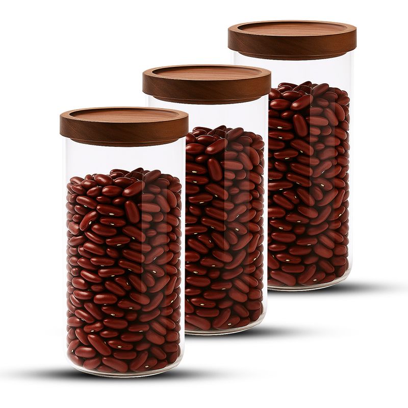 GENERICO - Pack 3 Contenedor Tarro Hermético Vidrio Tapa Acacia 1400ml