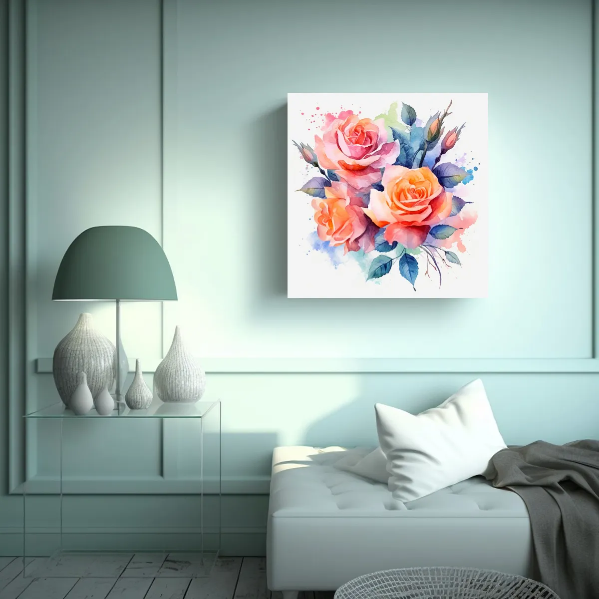 GENERICO - Arte De Pared Floral Acuarela Rosas Blancas 60x60 Cm
