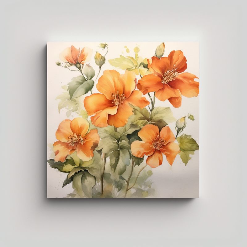GENERICO - Elegantes Flores Acuarela Naranja Lienzo Arte 80x80 Cm