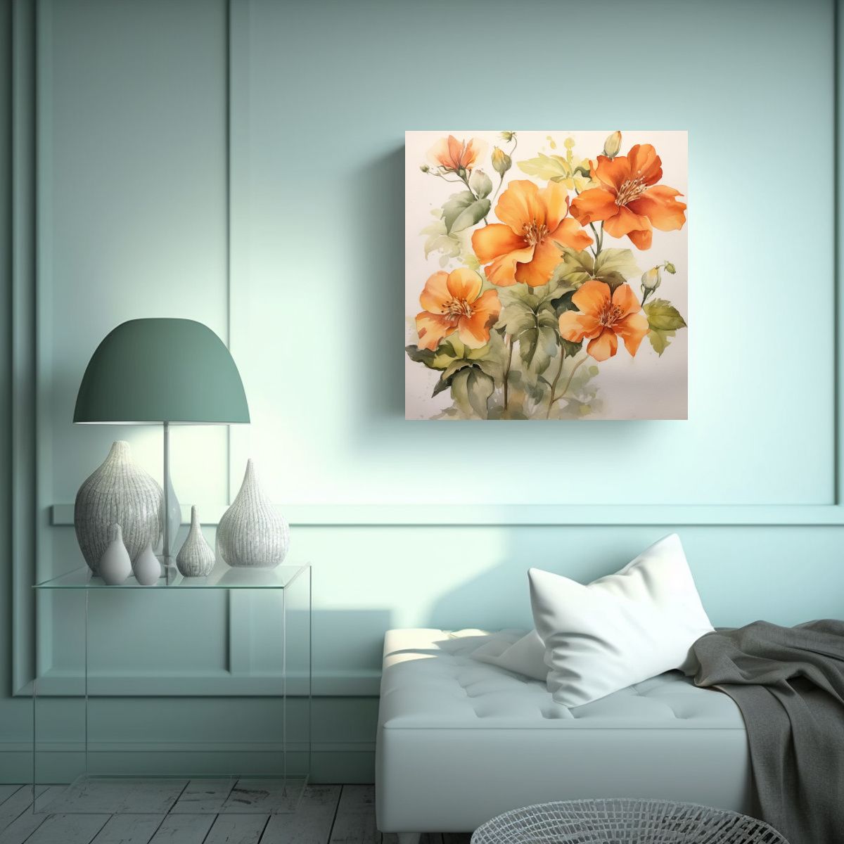 GENERICO - Elegantes Flores Acuarela Naranja Lienzo Arte 70x70 Cm