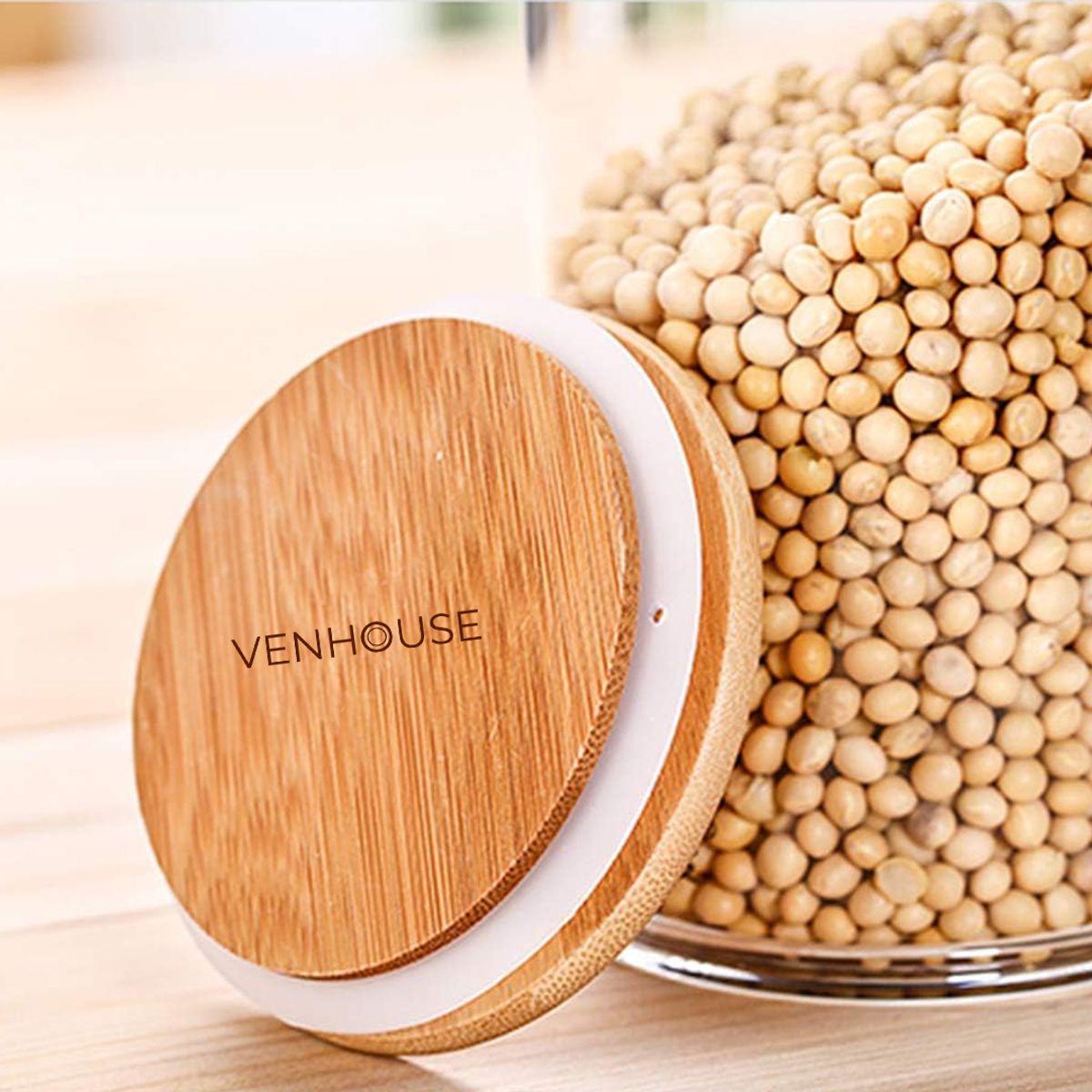 GENERICO - Pack 4 Frasco Contenedor Tarro Hermético Vidrio Bambú 500ml