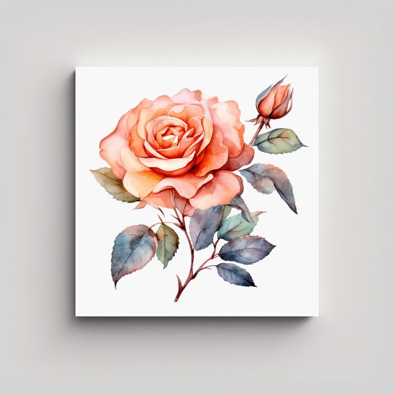 GENERICO - Mural De Lienzo Con Rama De Rosa Acuarela Y Hojas 80x80 Cm