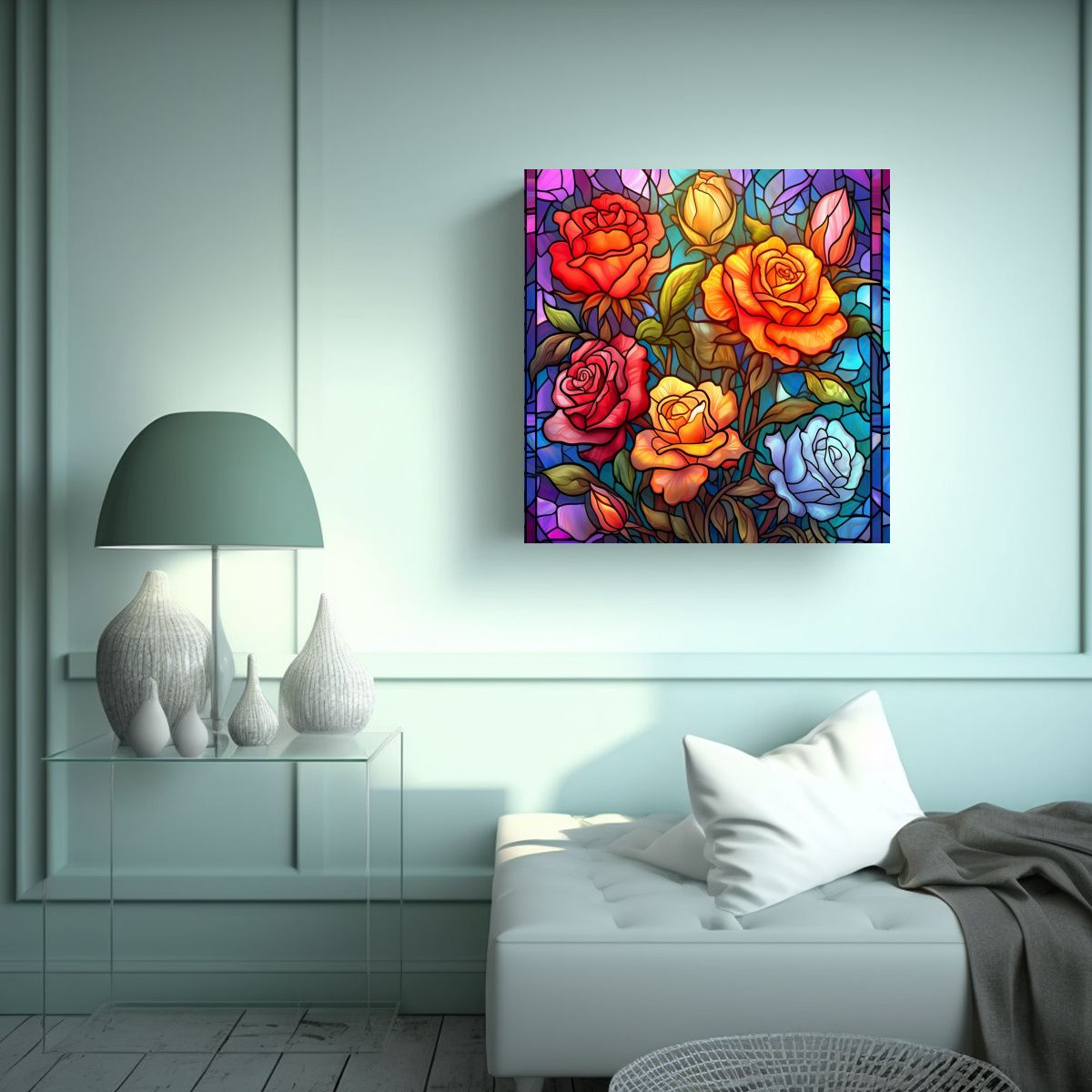 GENERICO - Cuadrado Mural Vidrio Manchado Rosas Flores 80x80 Cm