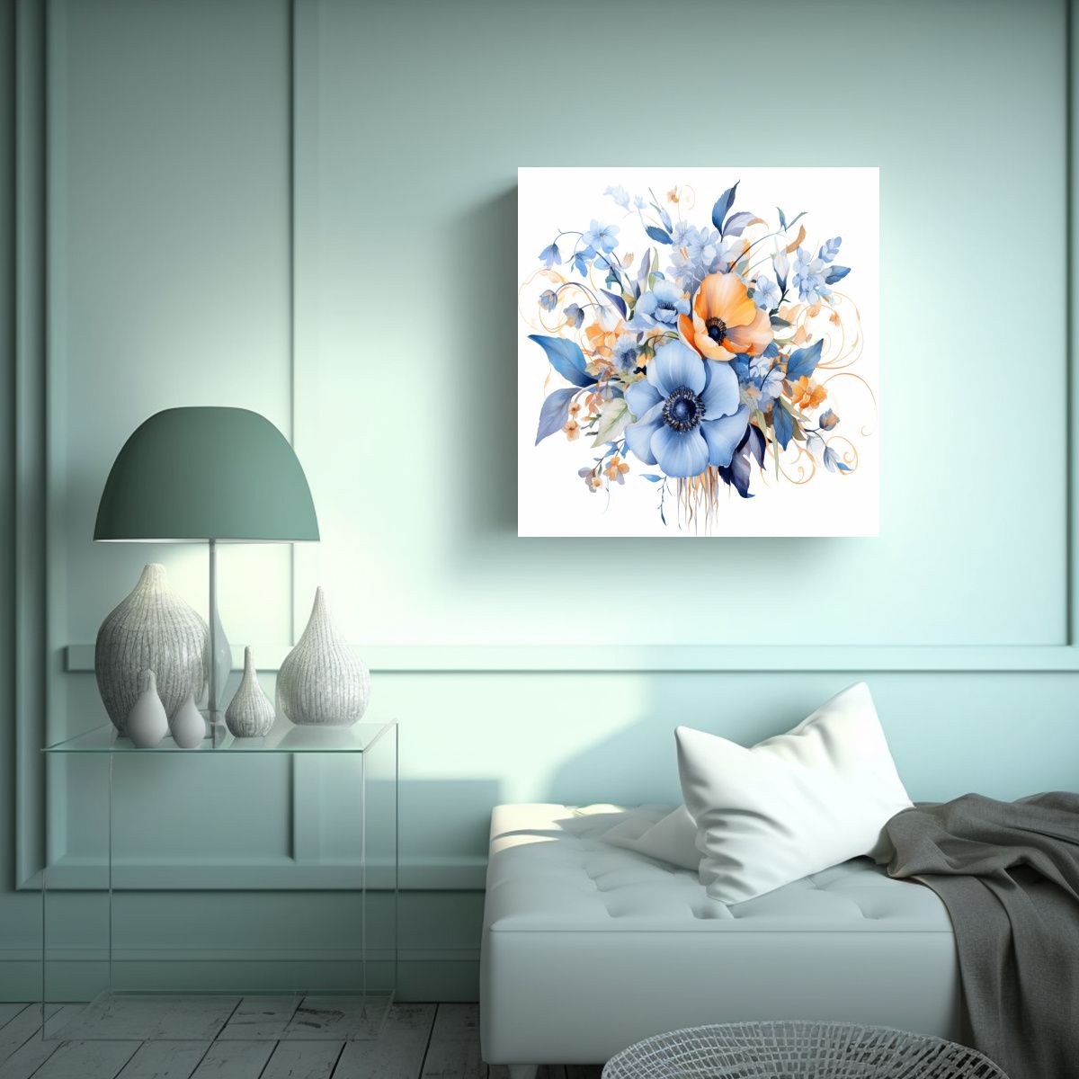 GENERICO - Arte Moderno Acuarela Azul Flores Petalos Lienzo 70x70 Cm