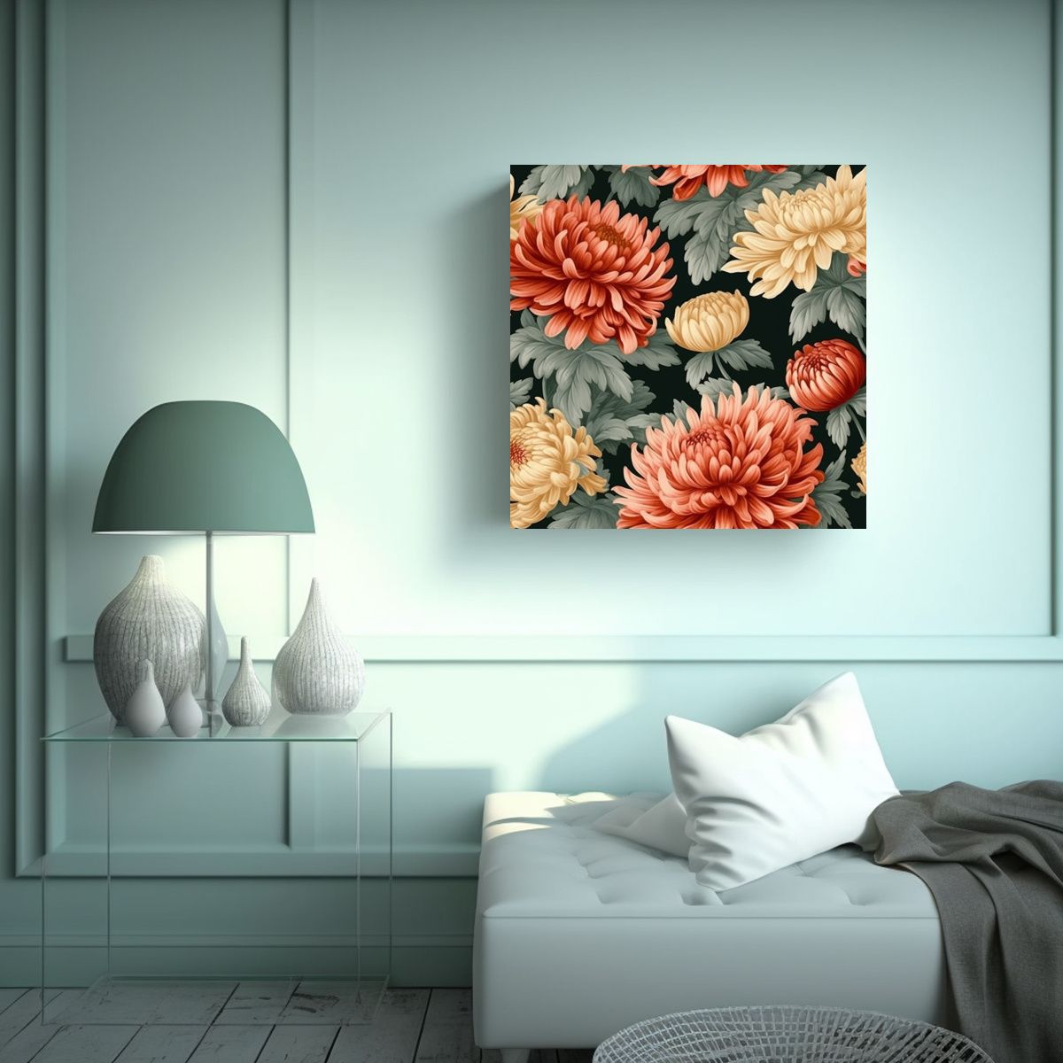 GENERICO - Patrón Botánico Realista De Crisantemos Chinos 50x50 Cm