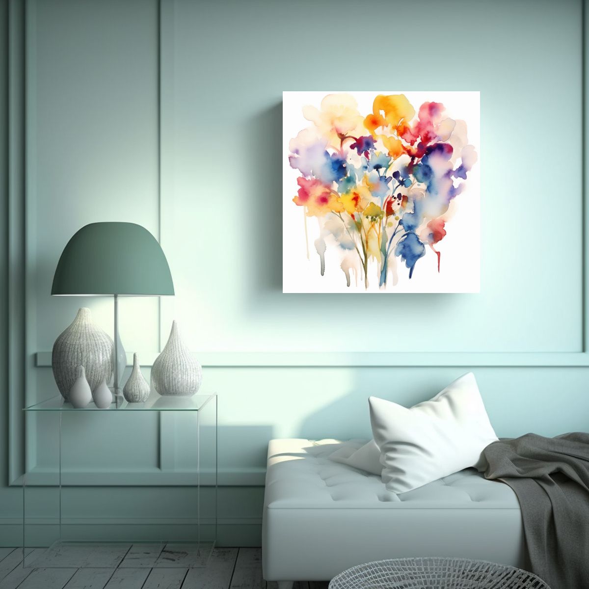 GENERICO - Cuadro Abstracto De Flores Acuarela Sublimada En 70x70 Cm