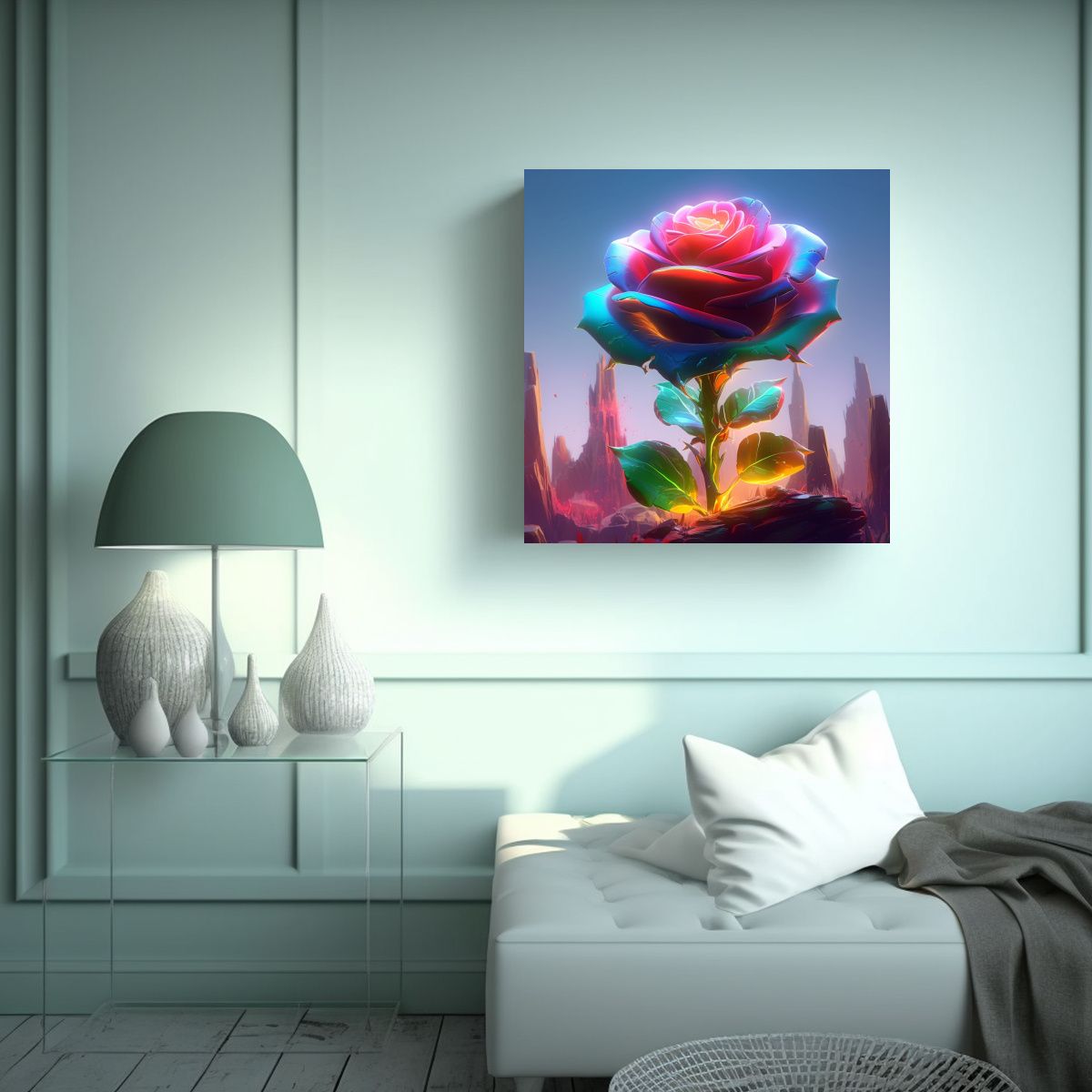 GENERICO - Cuadro Simétrico De Rosa Multicolor En Acuarela 50x50 Cm