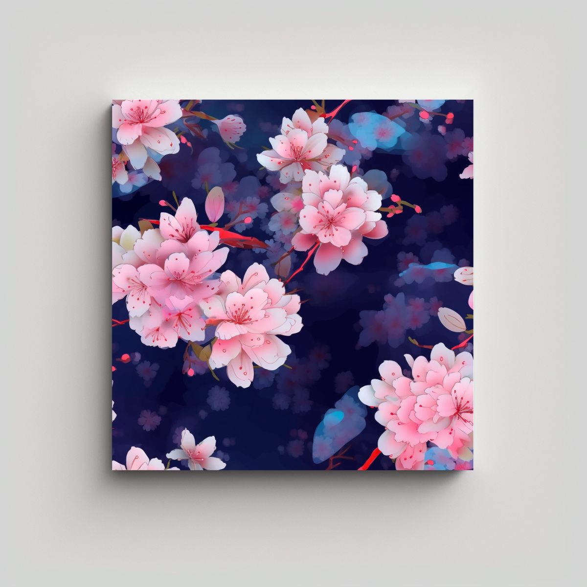 GENERICO - Cuadro Decorativo Floral Rosa En Azul Oscuro - 60x60 Cm