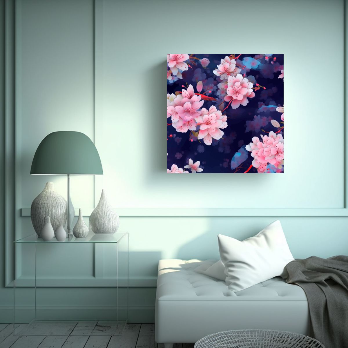 GENERICO - Cuadro Decorativo Floral Rosa En Azul Oscuro - 60x60 Cm