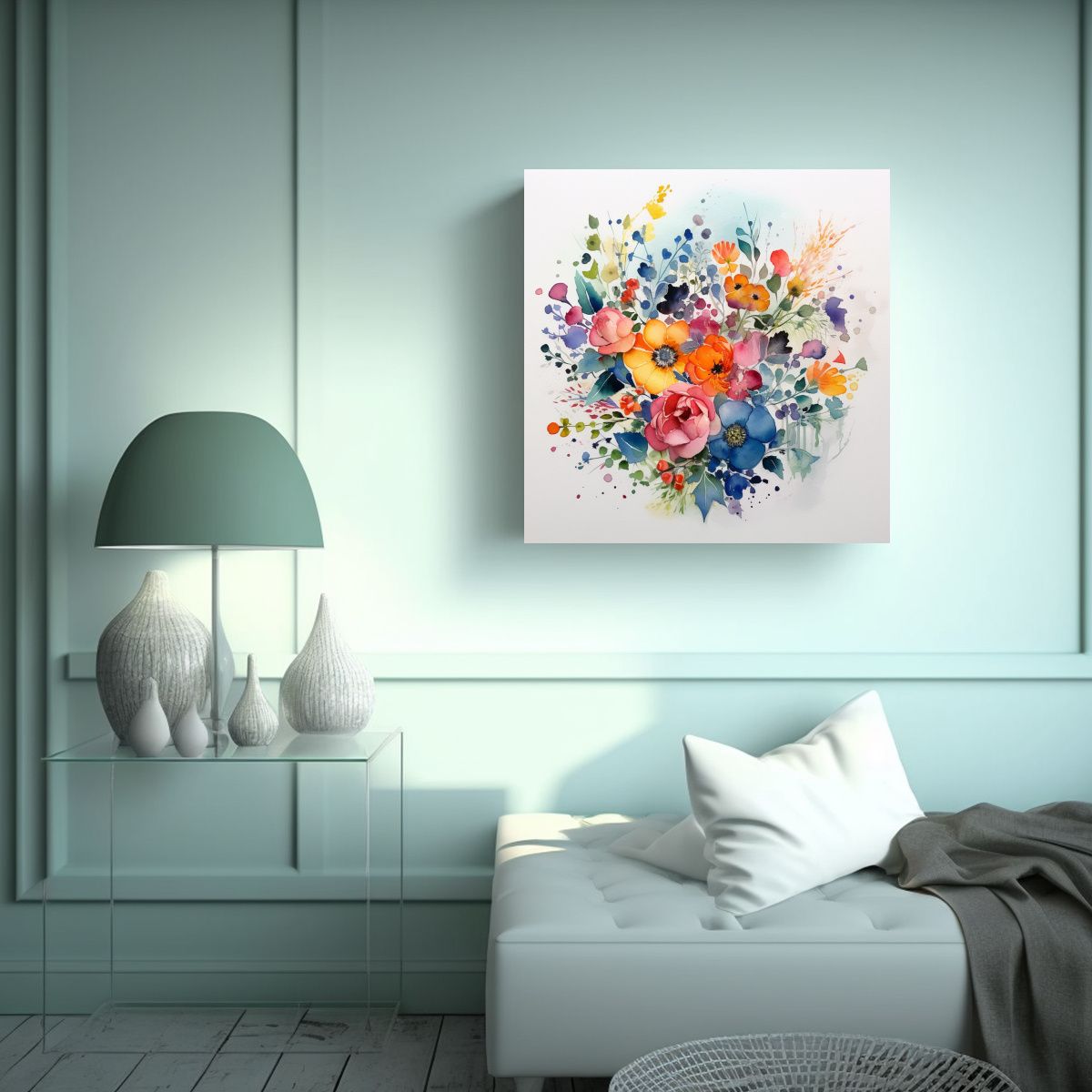 GENERICO - Composición Dinámica De Flores En Acuarela 80x80 Cm