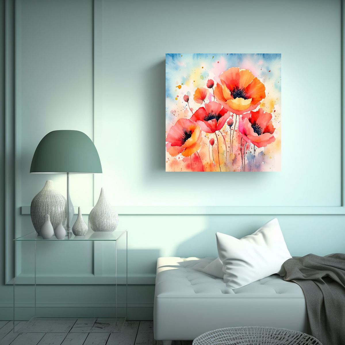 GENERICO - Cuadro Único Canva De Amapolas Acuarelas 90x90 Cm