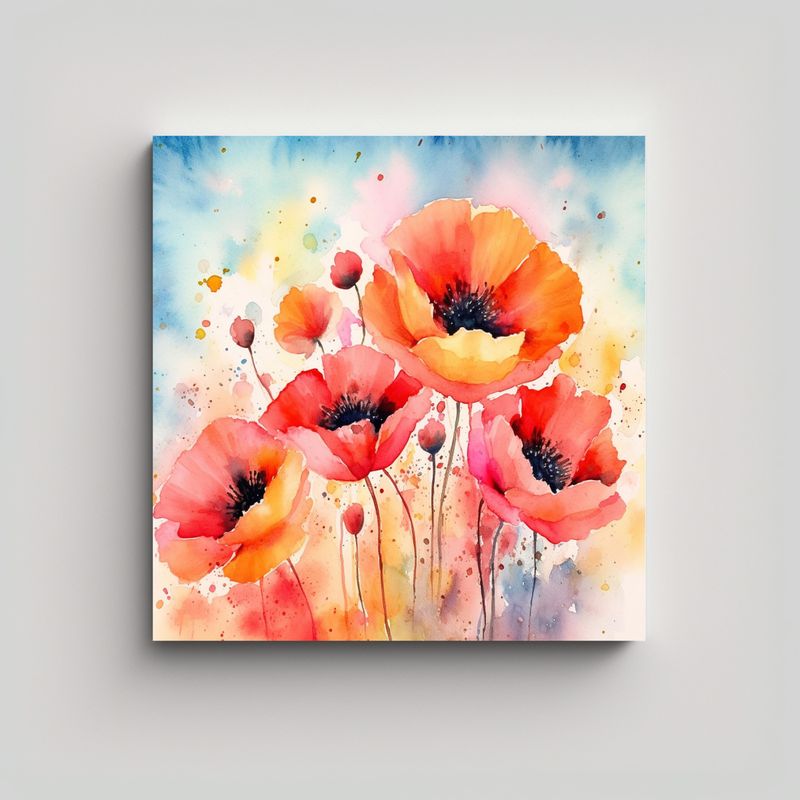 GENERICO - Cuadro Único Canva De Amapolas Acuarelas 30x30 Cm