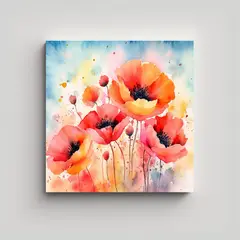GENERICO - Cuadro Único Canva De Amapolas Acuarelas 30x30 Cm