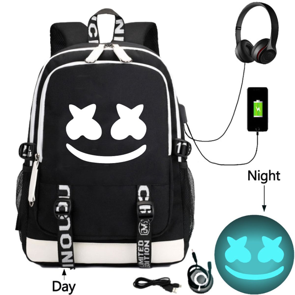 TIOZONEY - Mochila Marshmello Bolsa de carga USB de tela Oxford