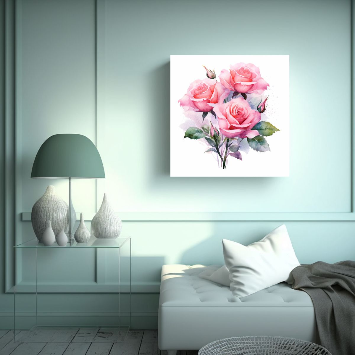 GENERICO - Composición De Rosas Rosadas En Acuarela Y Fino 90x90 Cm
