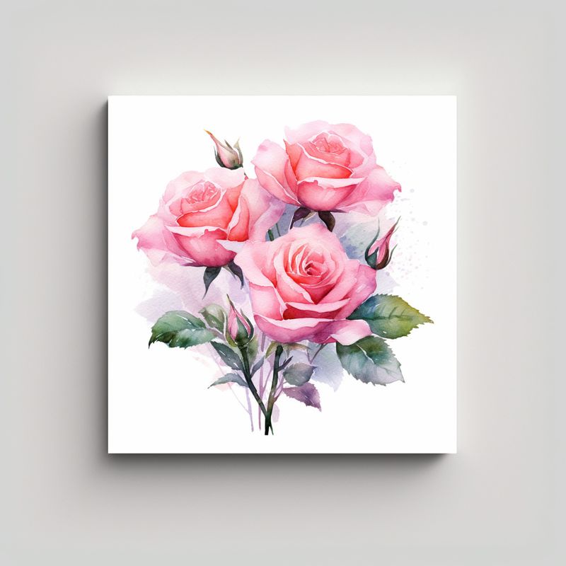 GENERICO - Composición De Rosas Rosadas En Acuarela Y Fino 40x40 Cm