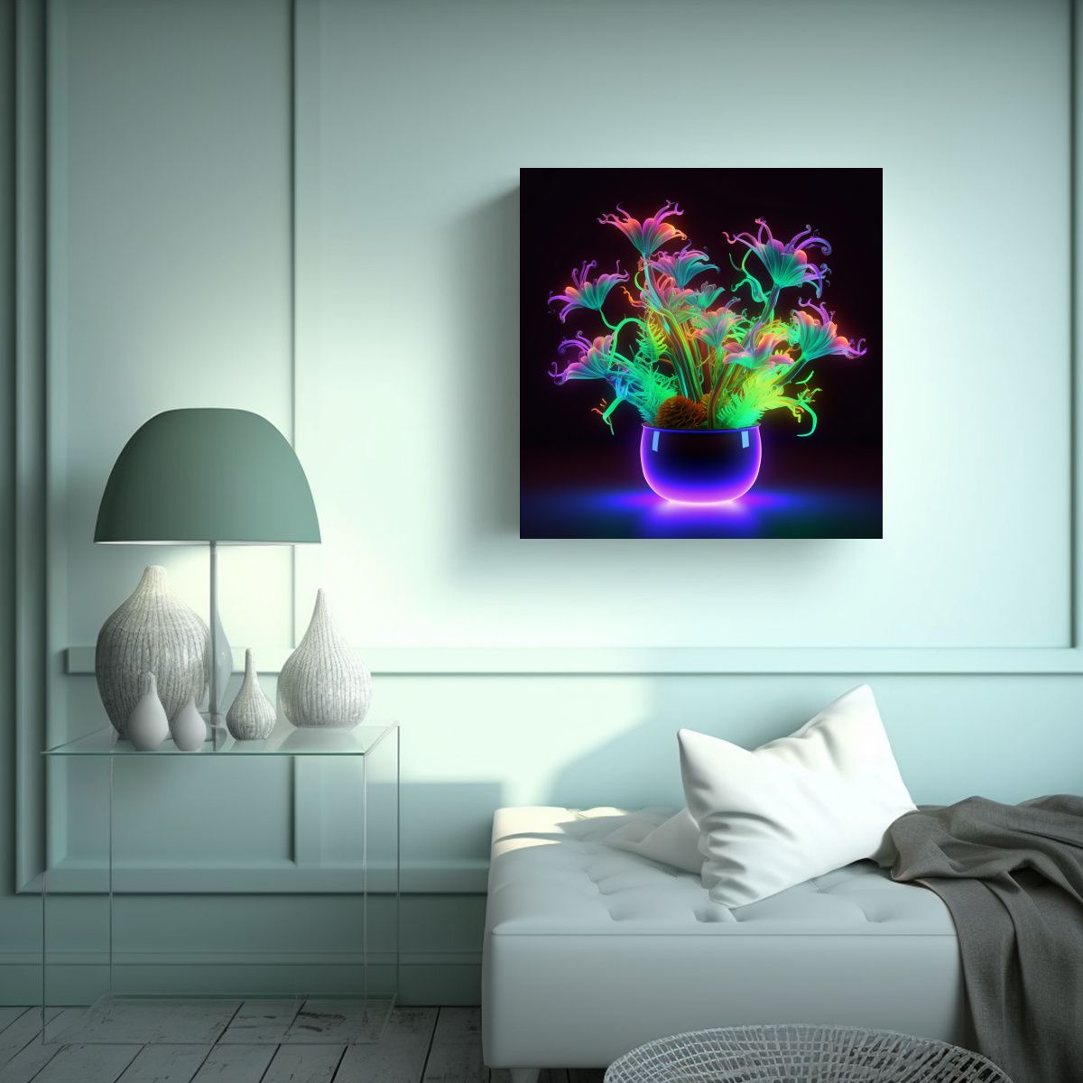GENERICO - Lienzo Sublimado En Relieve Con Flores Neón En 90x90 Cm