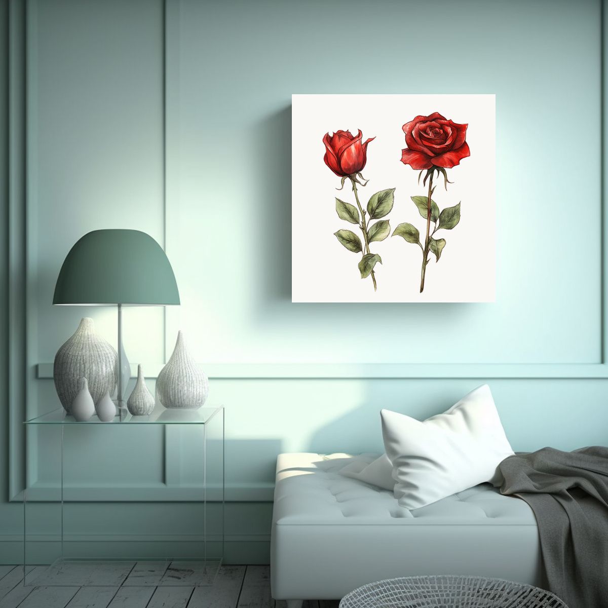 GENERICO - Composición De 2 Rosas Rojas Y Hojas Riqueza 50x50 Cm