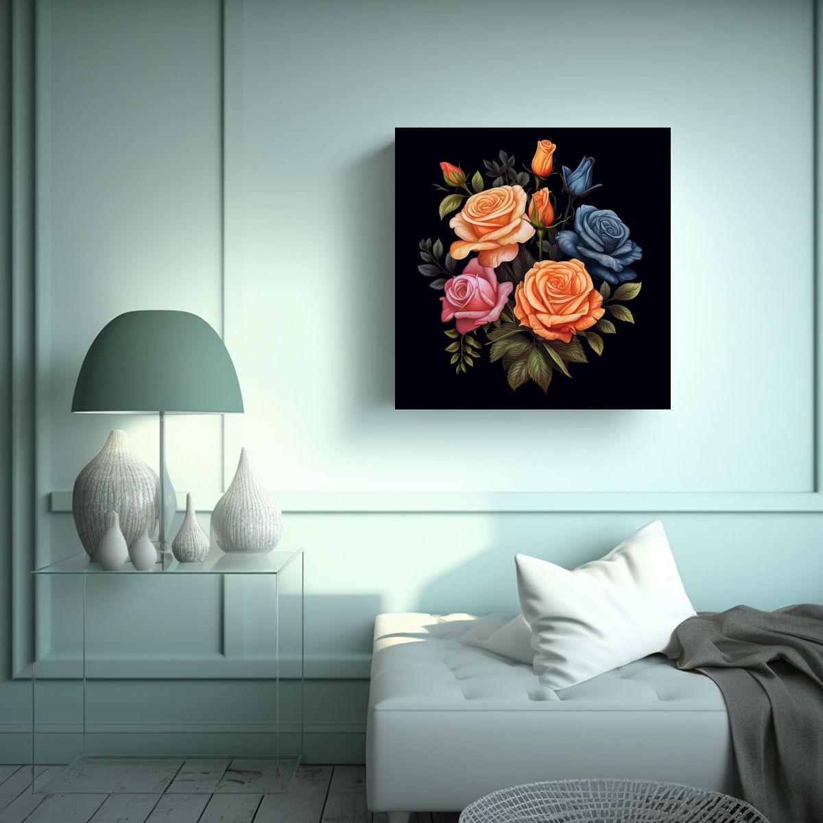 GENERICO - Ilustración Vintage De Rosas En Tela En Bastidor 90x90 Cm