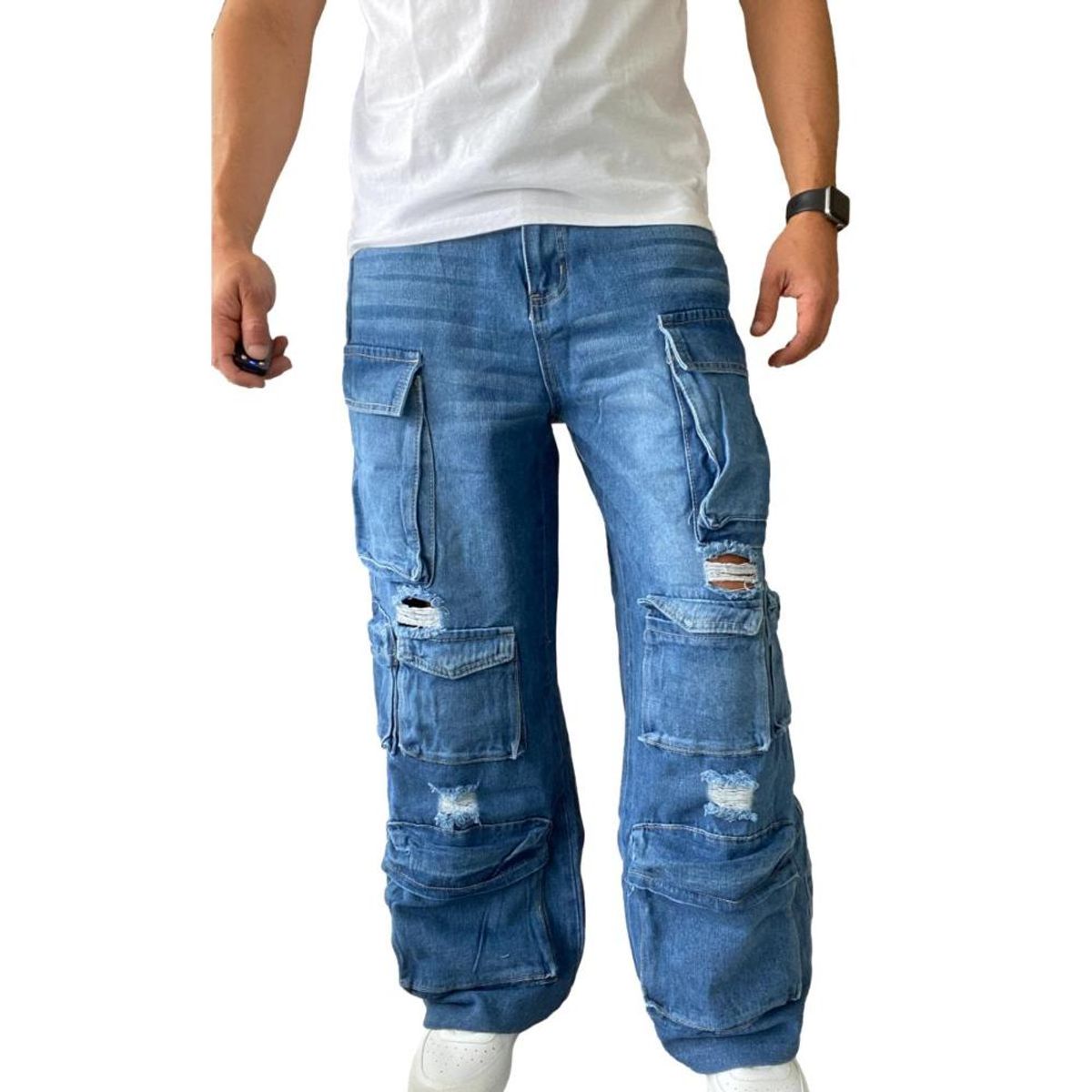 GENERICO - Jeans Diábolo Multicargo Rasgado Ancho Wide Leg Hombre - 42