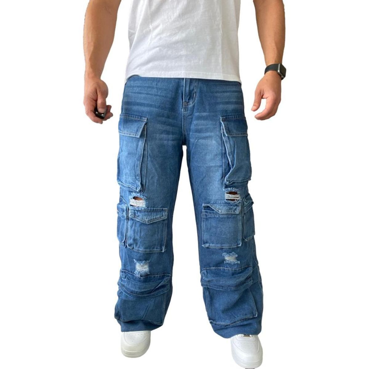 GENERICO - Jeans Diábolo Multicargo Rasgado Ancho Wide Leg Hombre - 42