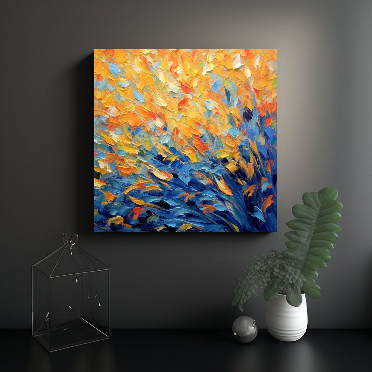 GENERICO - Pintura Abstracta De Cosecha Azul Y Naranja Con 90x90 Cm