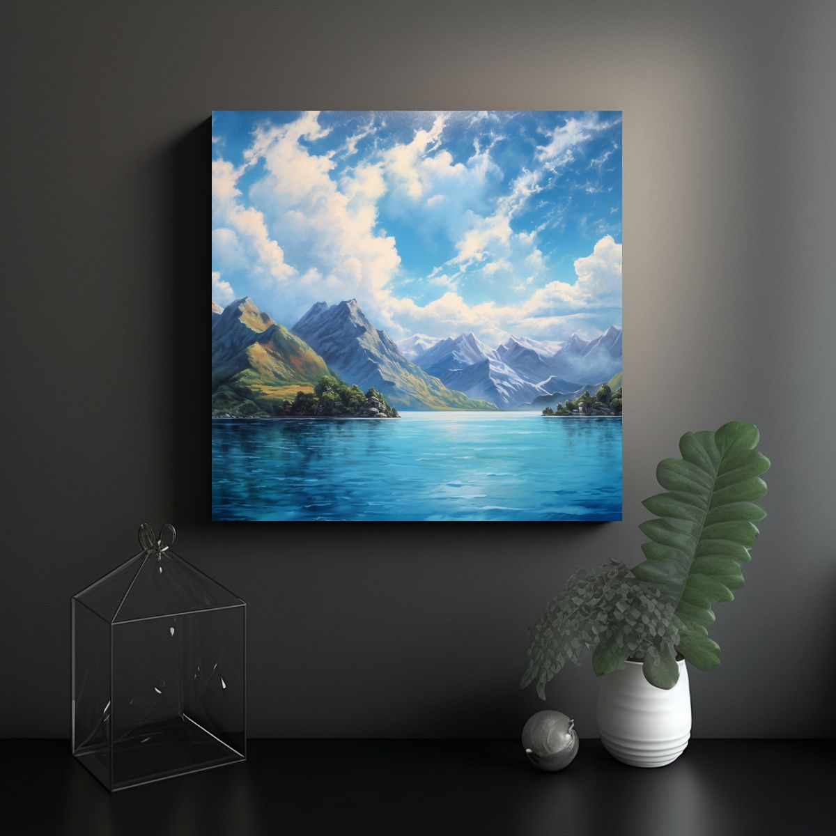 GENERICO - Cuadro Paisaje Azul Cielo Blanco Montañas Agua 50x50 Cm