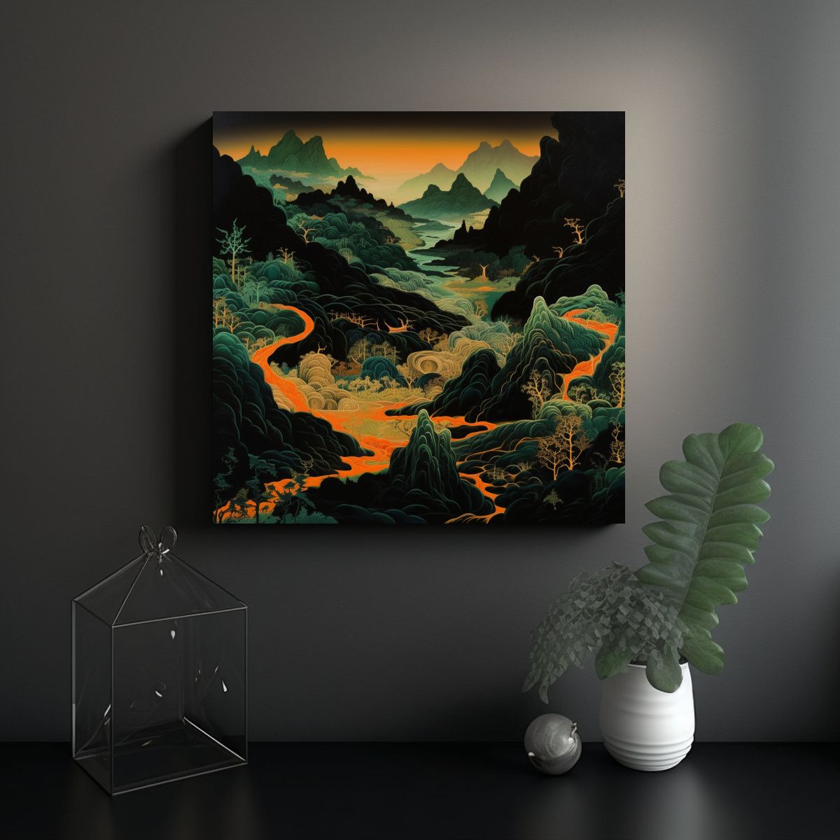 GENERICO - Cuadro Moderno Simetría Montañas En Fondo Negro 50x50 Cm