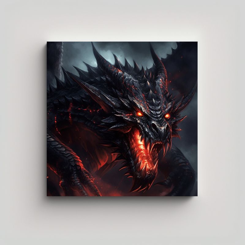 GENERICO - Cuadro De Dragón Negro Feróz Y Fuego Rojo En 50x50 Cm
