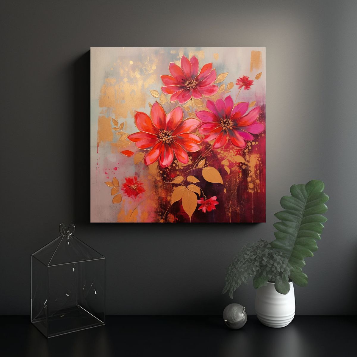GENERICO - Cuadro Floral Abstracto En Lienzo Con Acrílicos 90x90 Cm