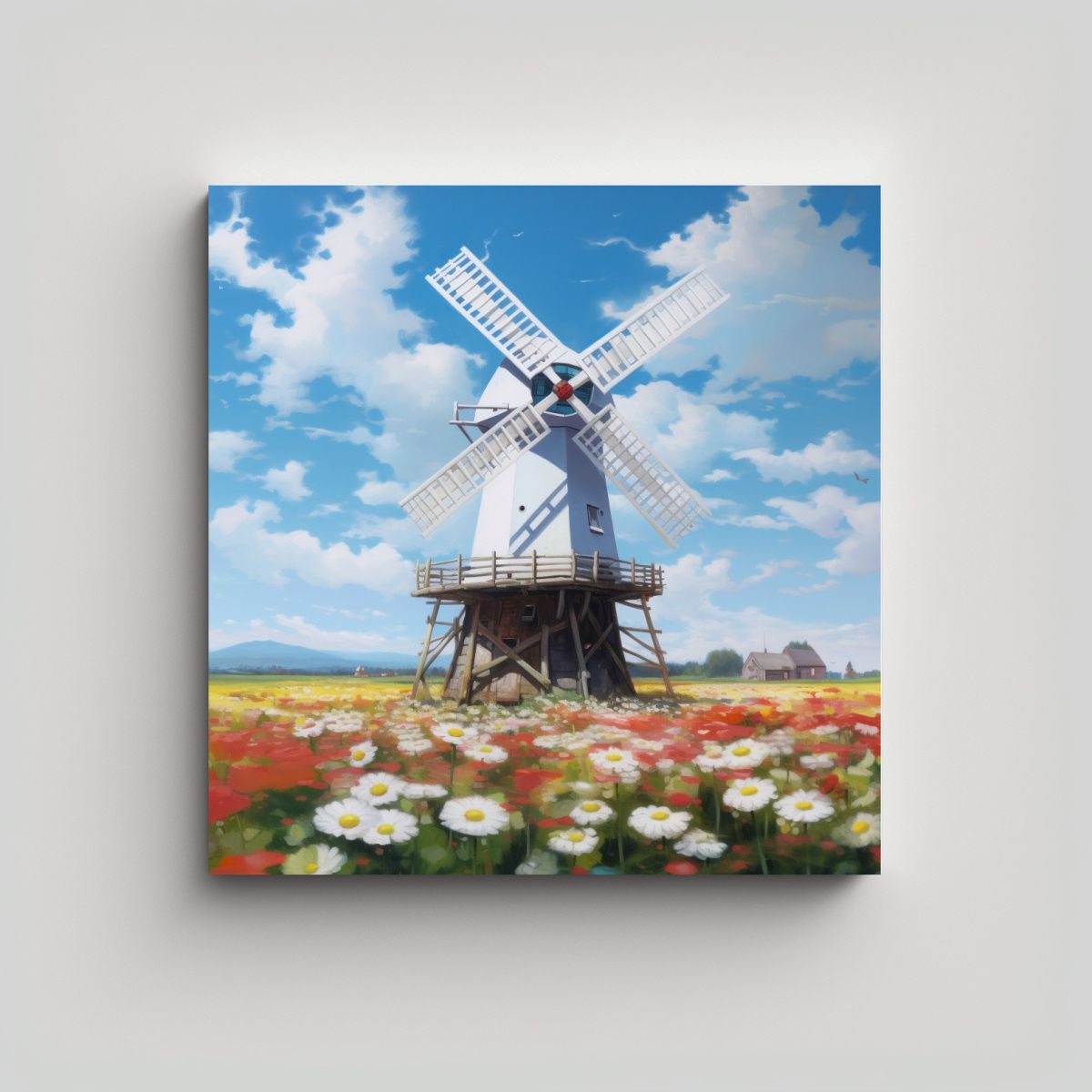 GENERICO - Paisaje Molino Viento Campo Flores Blanco Arte 90x90 Cm