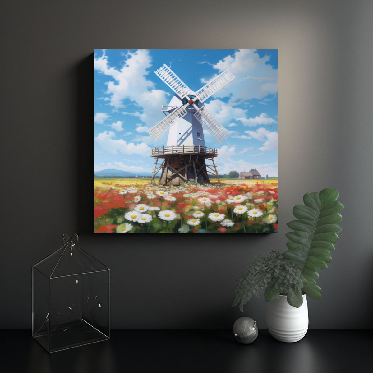 GENERICO - Paisaje Molino Viento Campo Flores Blanco Arte 90x90 Cm