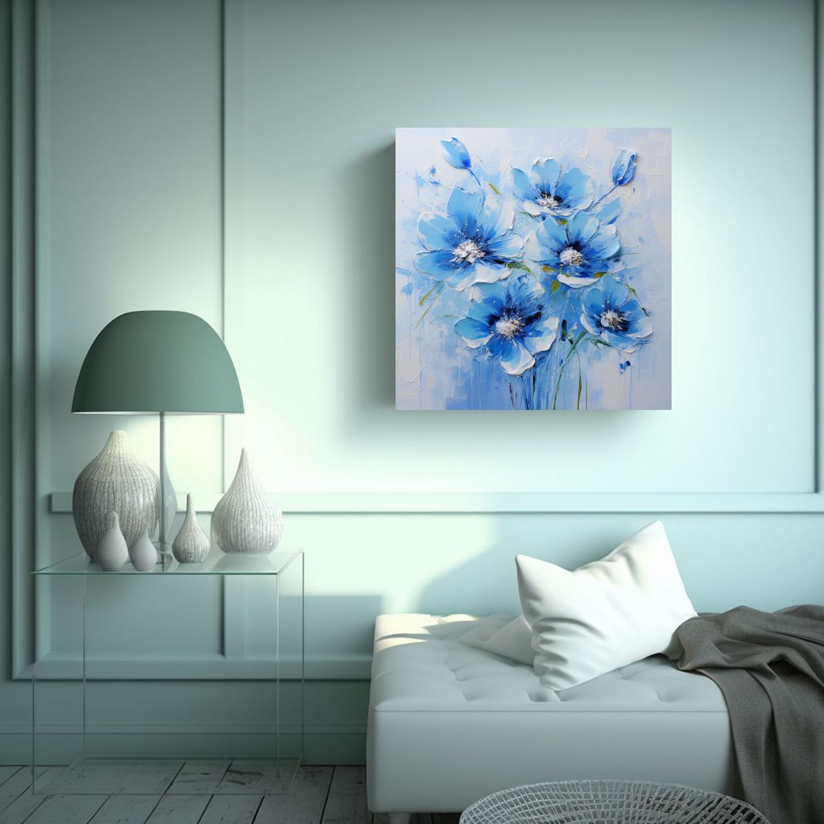 GENERICO - Paisaje En Azul Con Flores En Lienzo Estilo 70x70 Cm