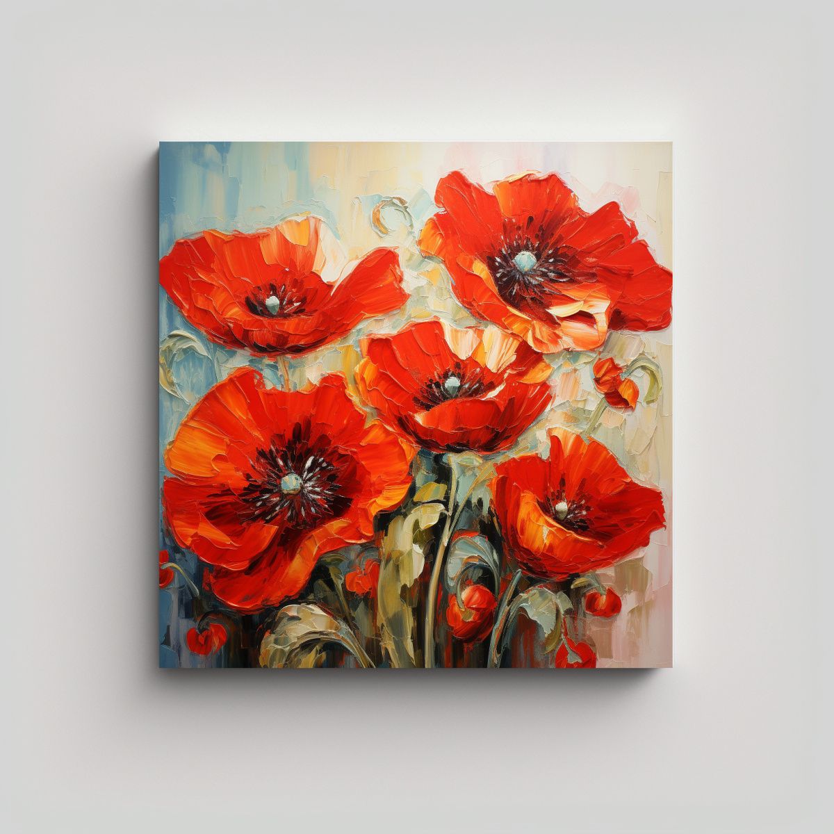 GENERICO - Cuadro Abstracto De Amapolas Pintado Al óleo Con 70x70 Cm