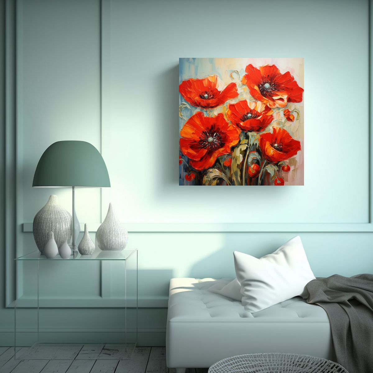 GENERICO - Cuadro Abstracto De Amapolas Pintado Al óleo Con 70x70 Cm