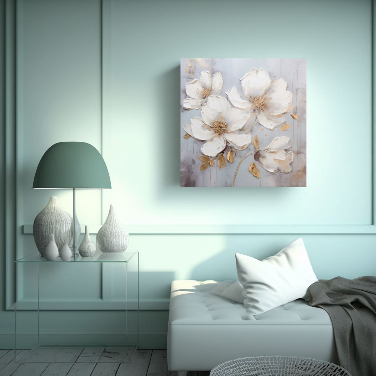 GENERICO - Cuadro De Flores Arte Tonos En Colores Plateados 70x70 Cm