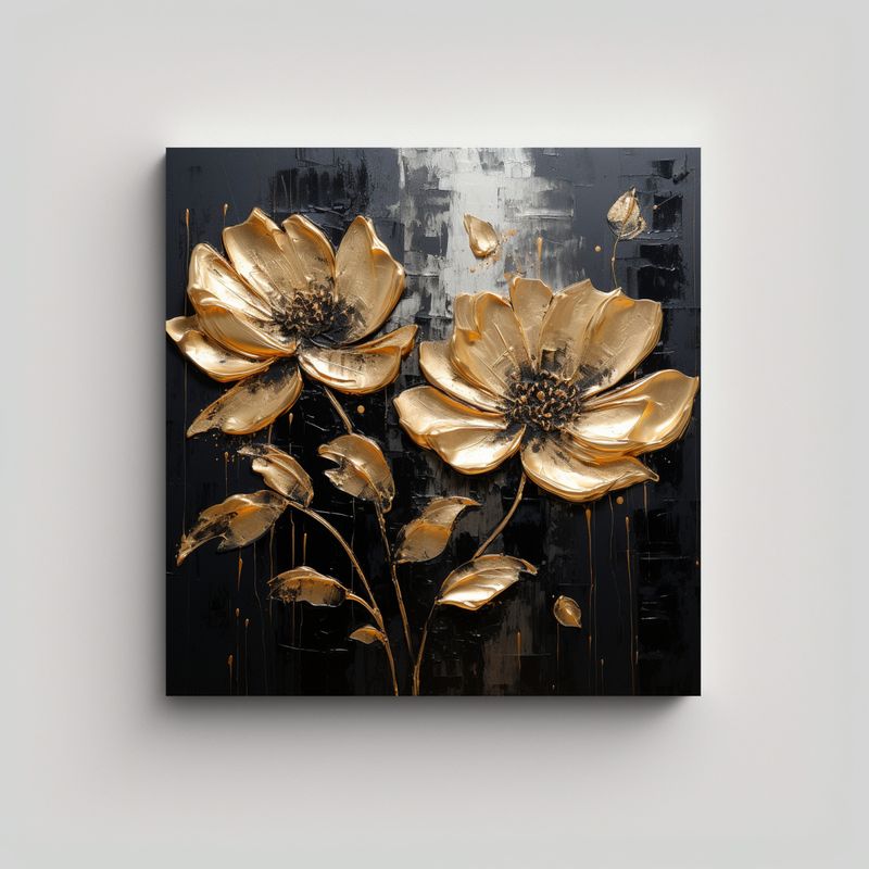 GENERICO - Cuadro Pintura Flor Oro Y Negro En Lienzo De Alta 80x80 Cm