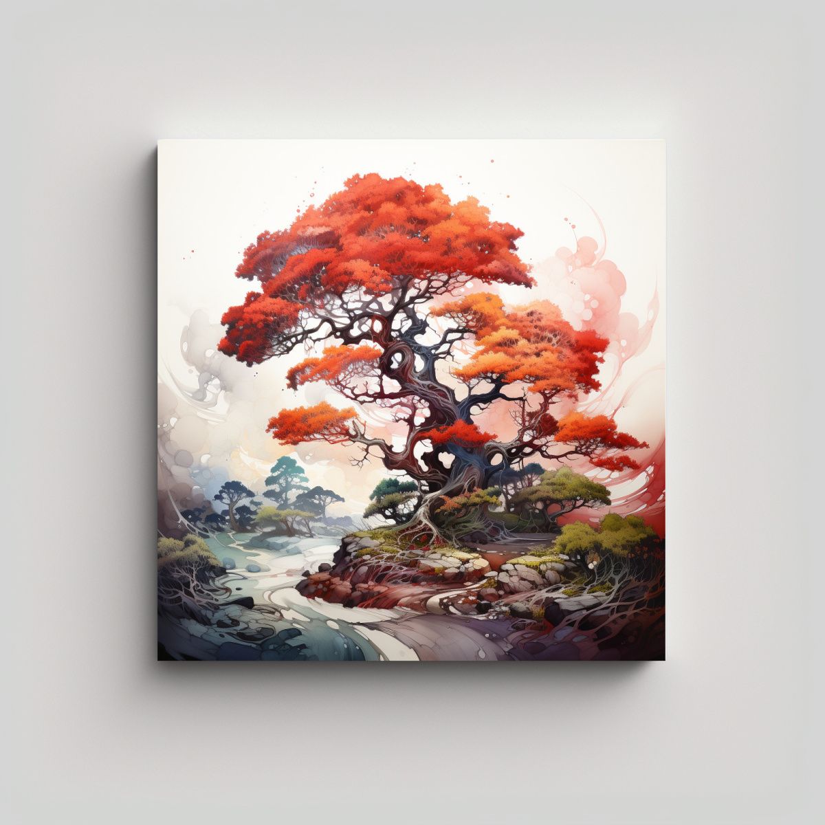 GENERICO - Pintura Abstracta árbol De Enebro En Rojo Y 70x70 Cm