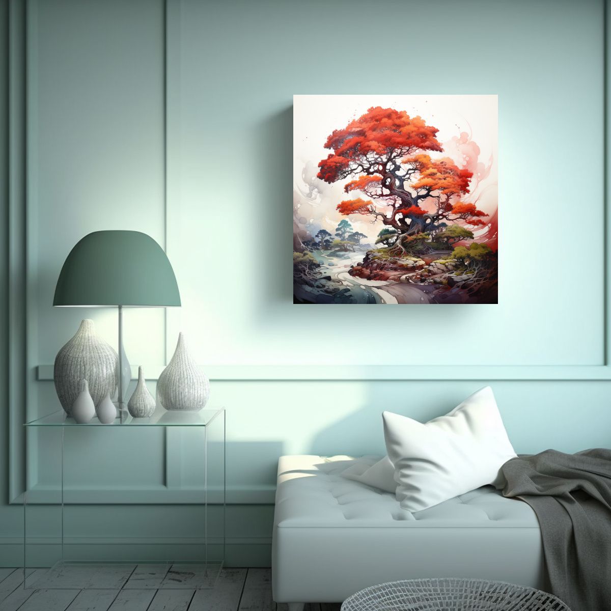 GENERICO - Pintura Abstracta árbol De Enebro En Rojo Y 70x70 Cm