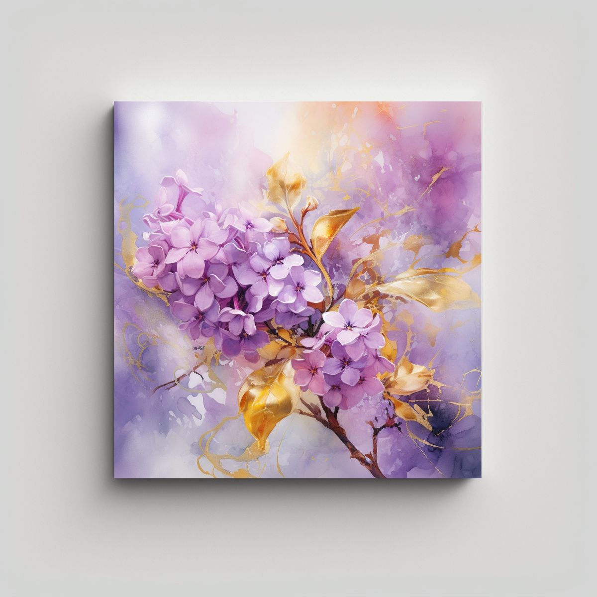 GENERICO - Cuadro Moderno De Flores Lilas Y Colores Dorados 50x50 Cm